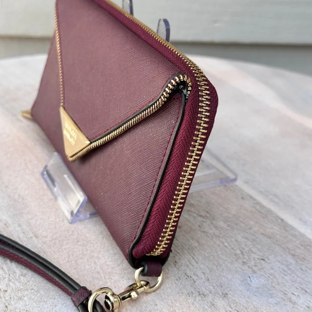 Rebecca Minkoff Molly Metro Zip Around Wristlet Wallet Port Wine Red Saffiano